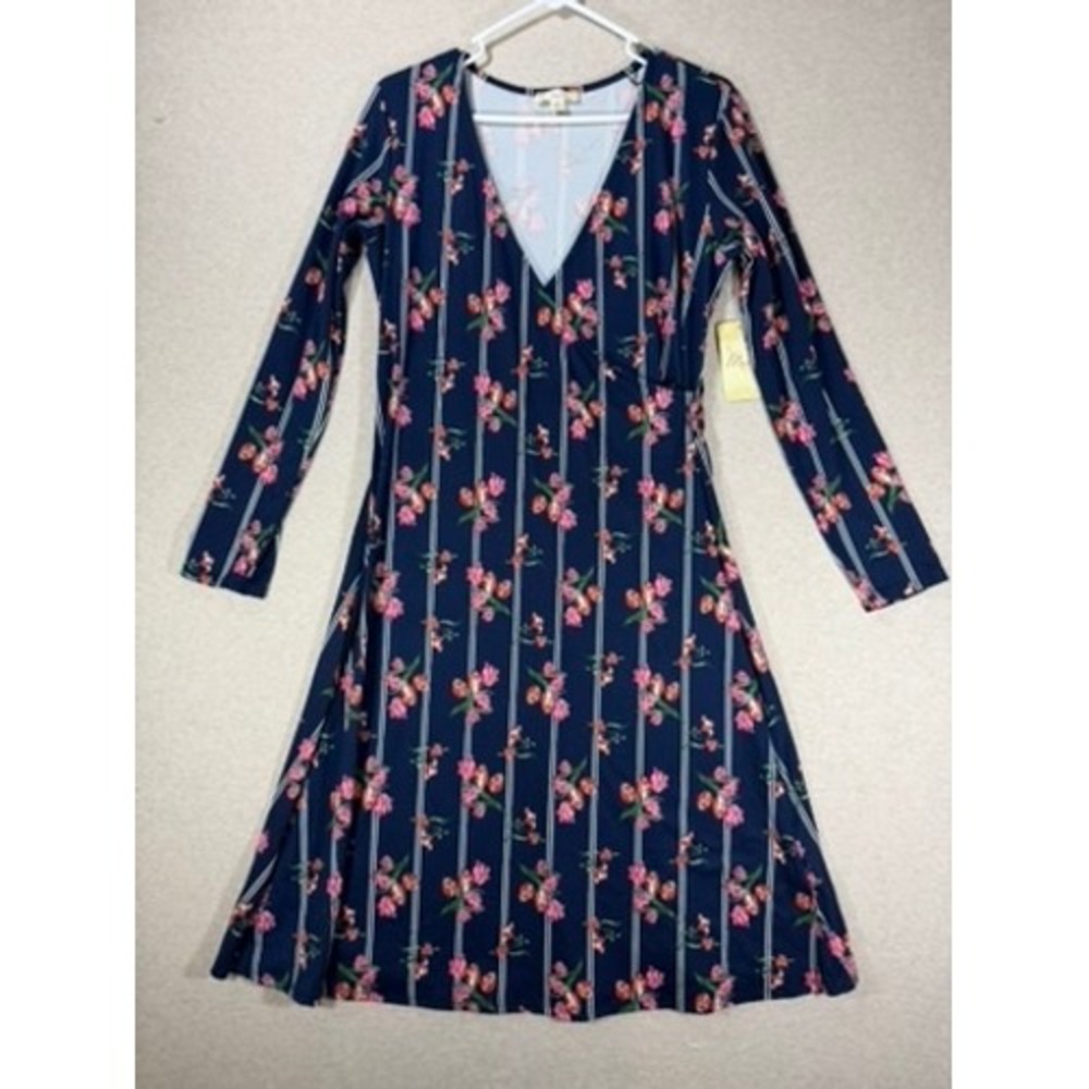 Misia Floral Striped Wrap Dress Womens Size M Navy Pink NWT Long Sleeve Midi